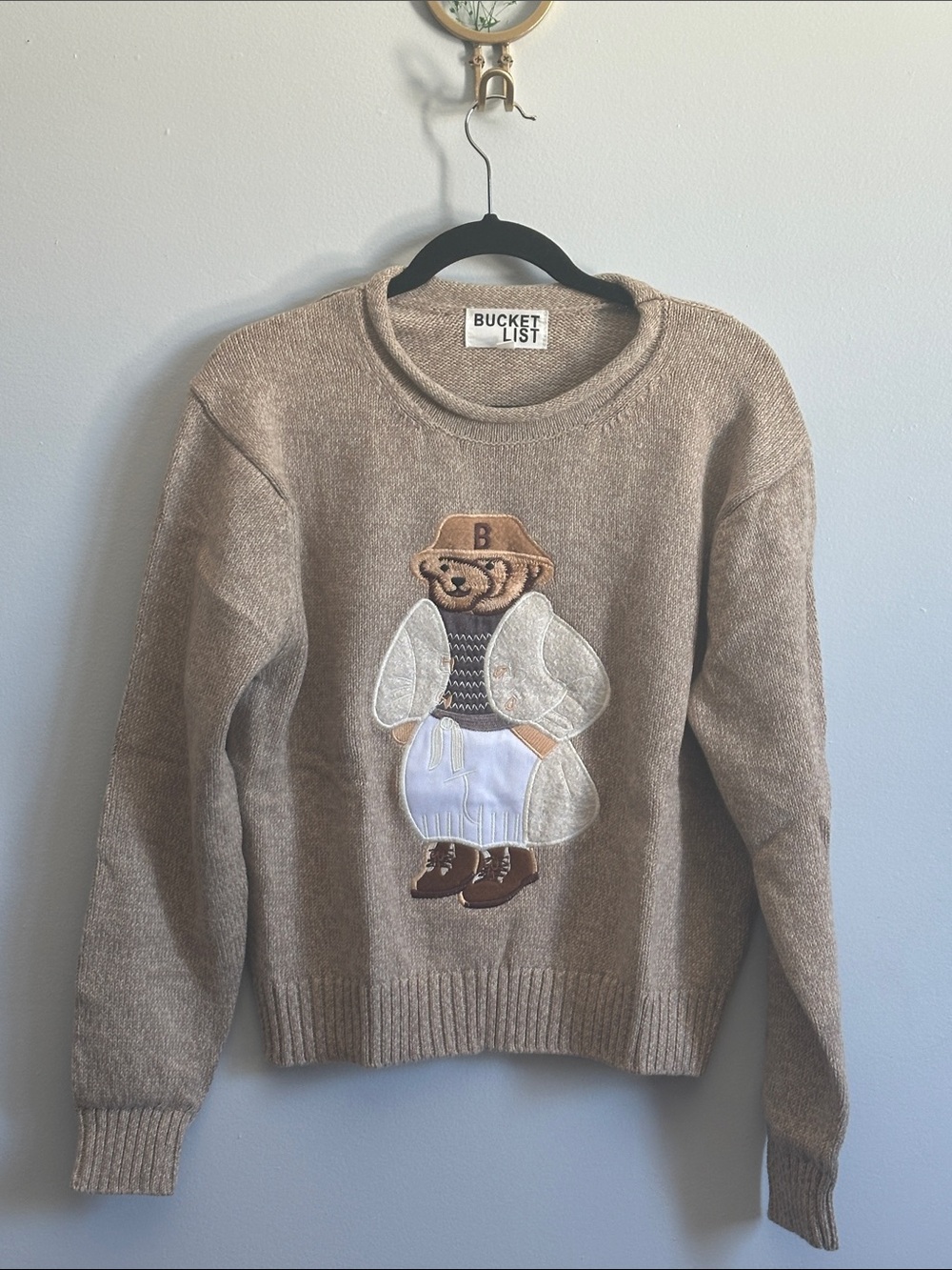 BUCKETLIST Beige Crewneck Sweater with Bear Appliqué